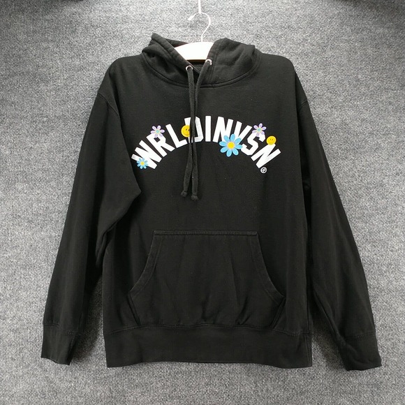 WRLDINVSN Mens World Peace Pullover Graphic Hoodie Black Medium Cotton - Picture 2 of 11